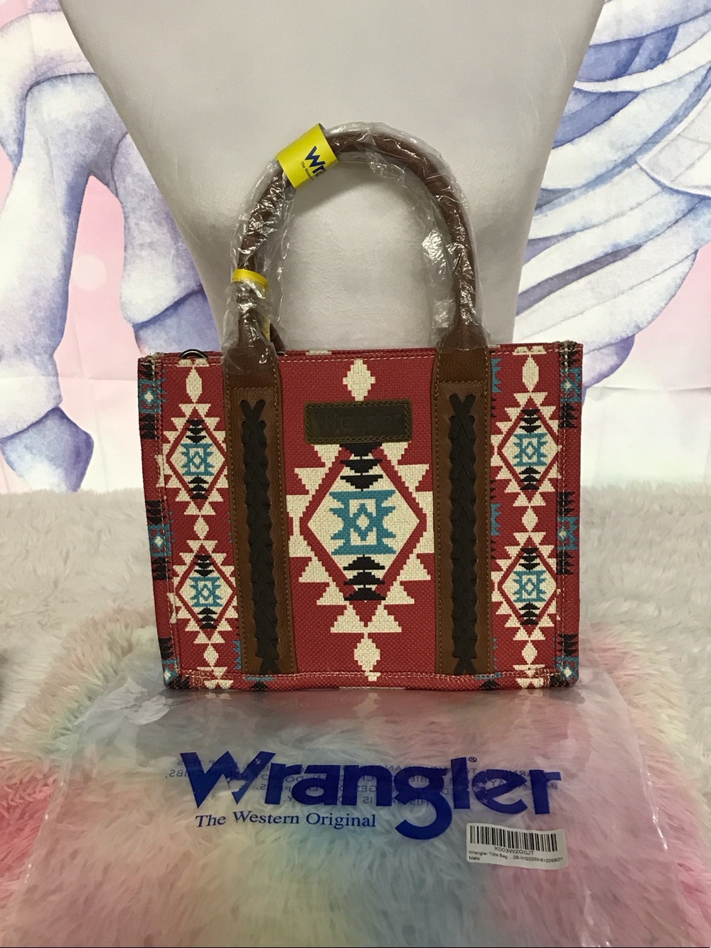 Wrangler Red Aztec-Pattern Canvas Tote with Brown Trim